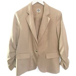 Authentic Anne Klein Beige Ruched Sleeve Blazer M Neutral Tailored Chic Jacket